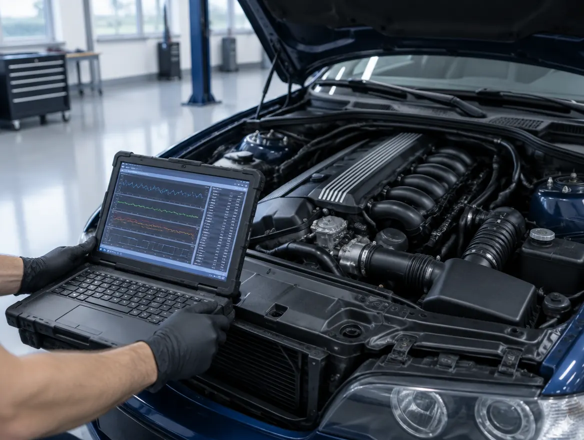 Szerelő BMW-diagnosztikai laptoppal egy nyitott motorterű BMW előtt